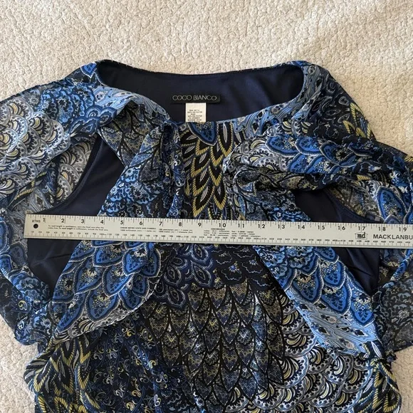 Coco Bianco Blue and Yellow Feather Print Blouse Small - Picture 5 of 5